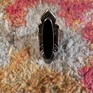 Beautiful Genuine Black onyx long Oval genuine sterling Silver statement Ring